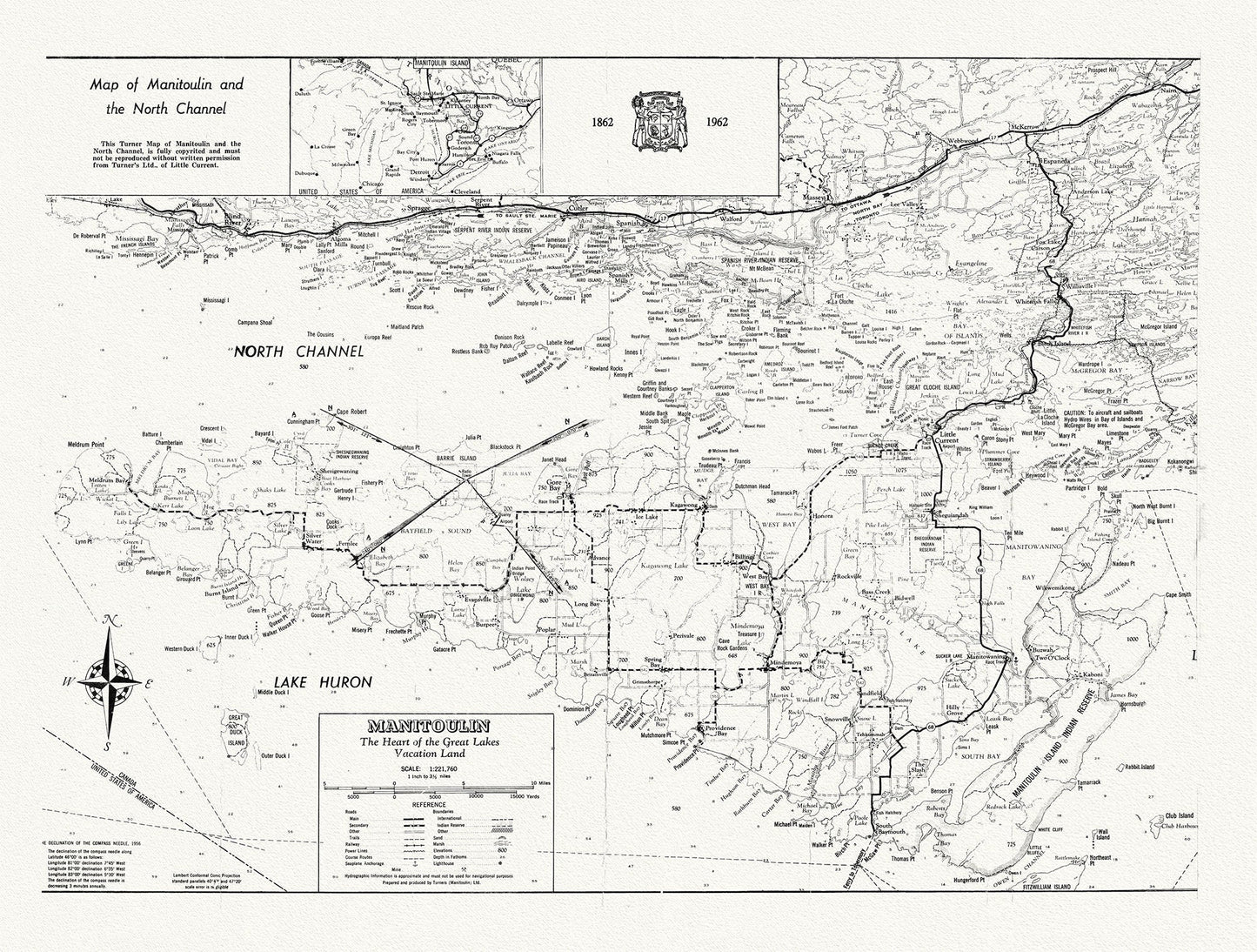 Map of Manitoulin and the North Channel 1862 to 1962, map on heavy cotton canvas, 22x27" approx. - The Map Chest