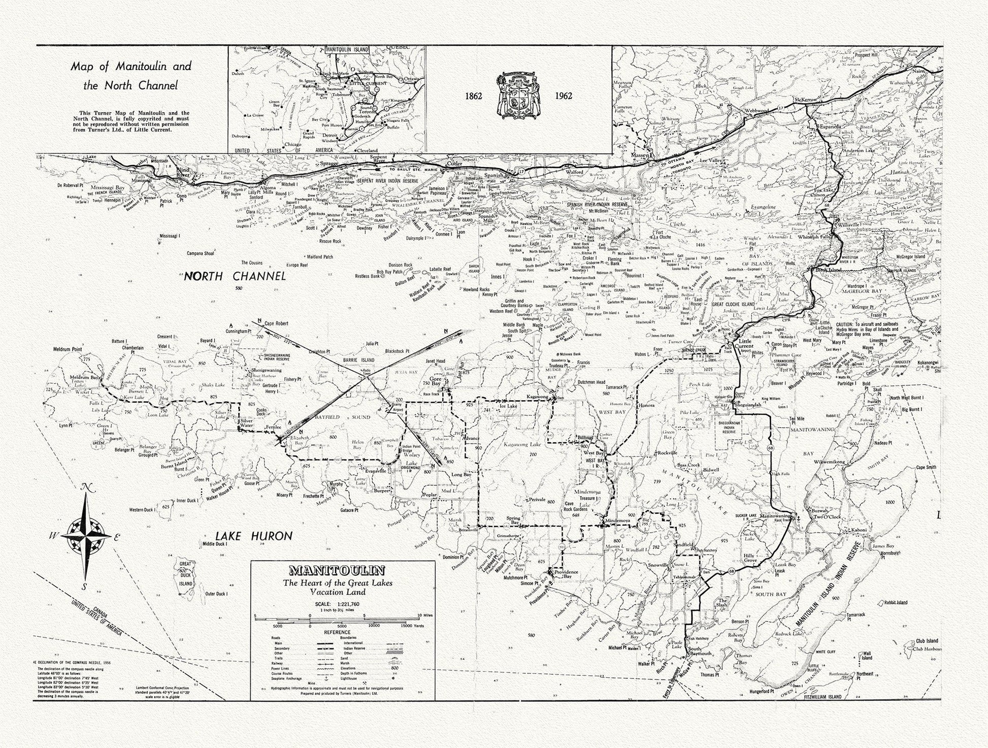 Map of Manitoulin and the North Channel 1862 to 1962, map on heavy cotton canvas, 22x27" approx. - The Map Chest
