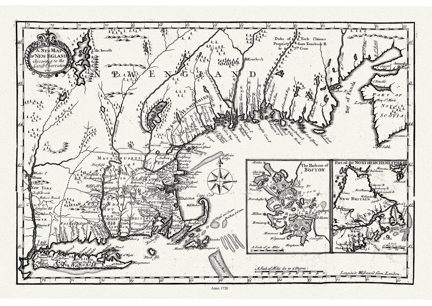 Map of New England According to the Latest Observation, 1720, Neal auth., map on durable cotton canvas, 50 x 70 cm, 20 x 25" approx. - The Map Chest