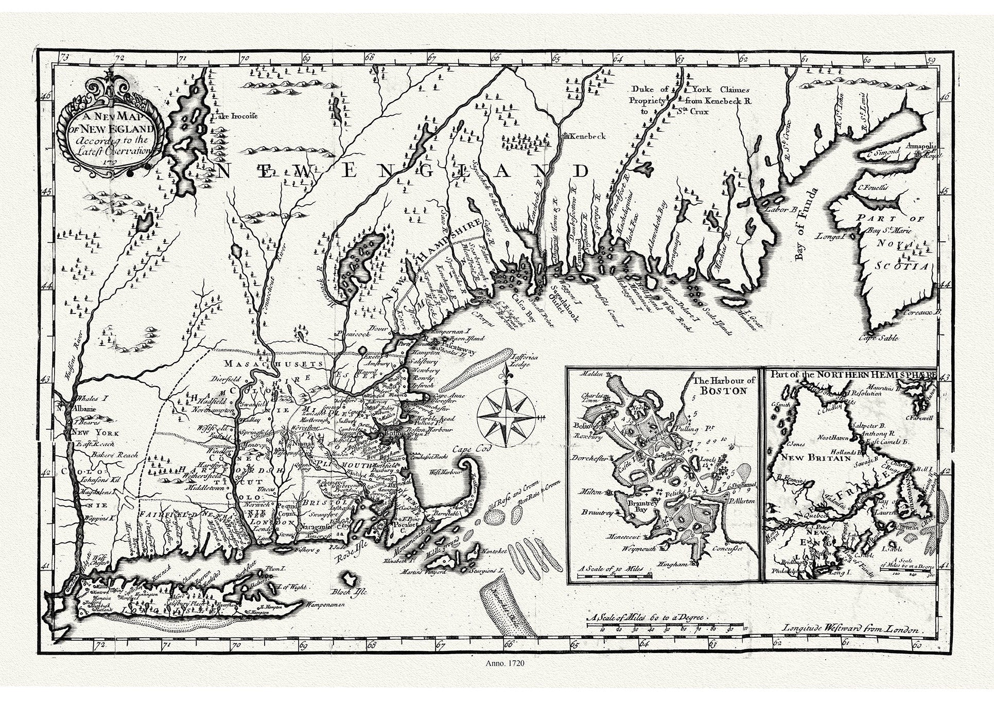 Map of New England According to the Latest Observation, 1720, Neal auth., map on durable cotton canvas, 50 x 70 cm, 20 x 25" approx. - The Map Chest