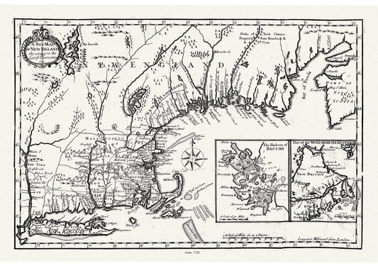 Map of New England According to the Latest Observation, 1720, Neal auth., map on durable cotton canvas, 50 x 70 cm, 20 x 25" approx. - The Map Chest