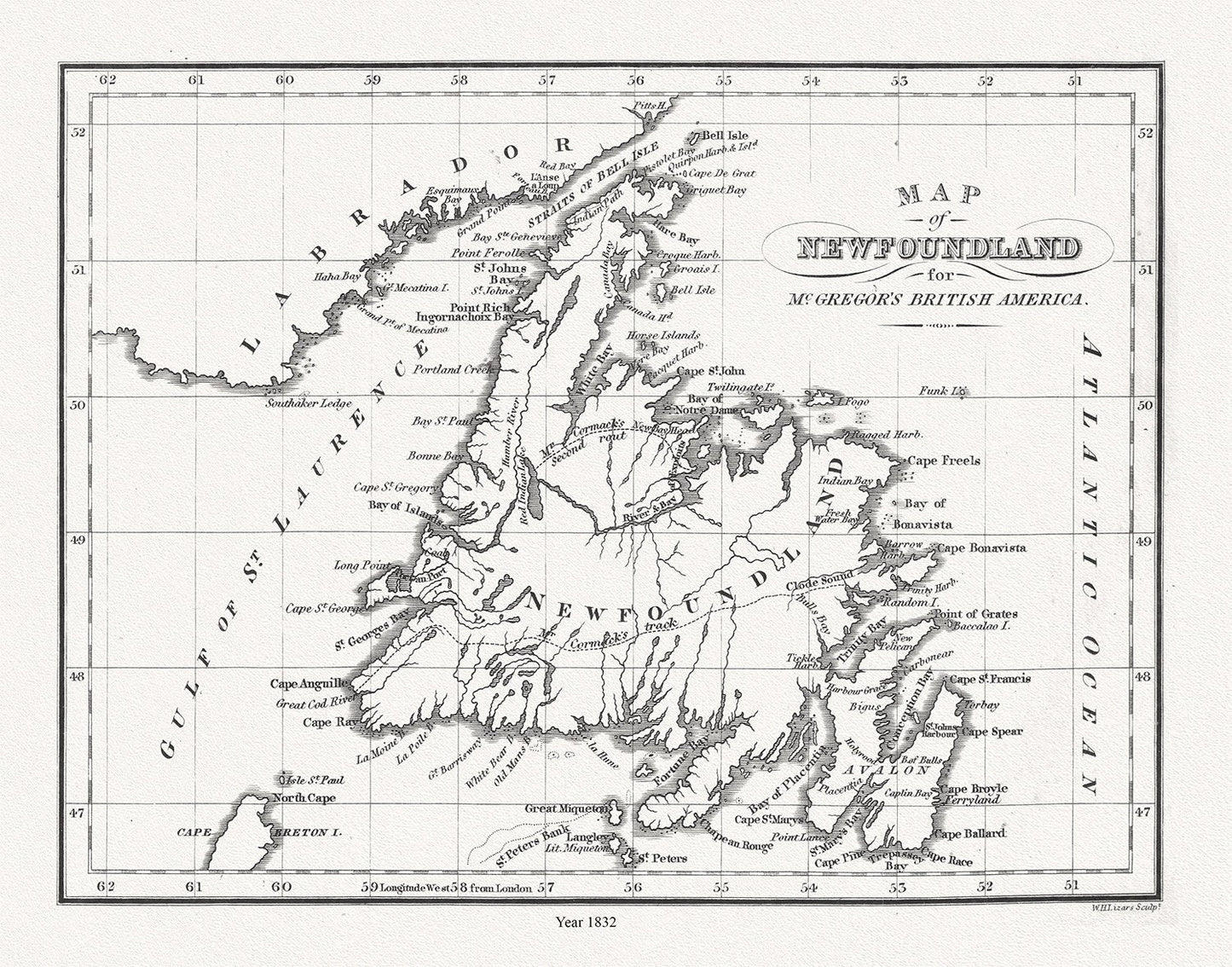 Map of Newfoundland in British America, McGregor auth., 1832, map on heavy cotton canvas, 45 x 65 cm, 18 x 24" approx. - The Map Chest
