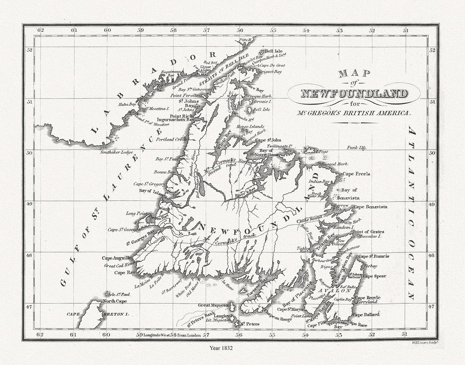 Map of Newfoundland in British America, McGregor auth., 1832, map on heavy cotton canvas, 45 x 65 cm, 18 x 24" approx. - The Map Chest