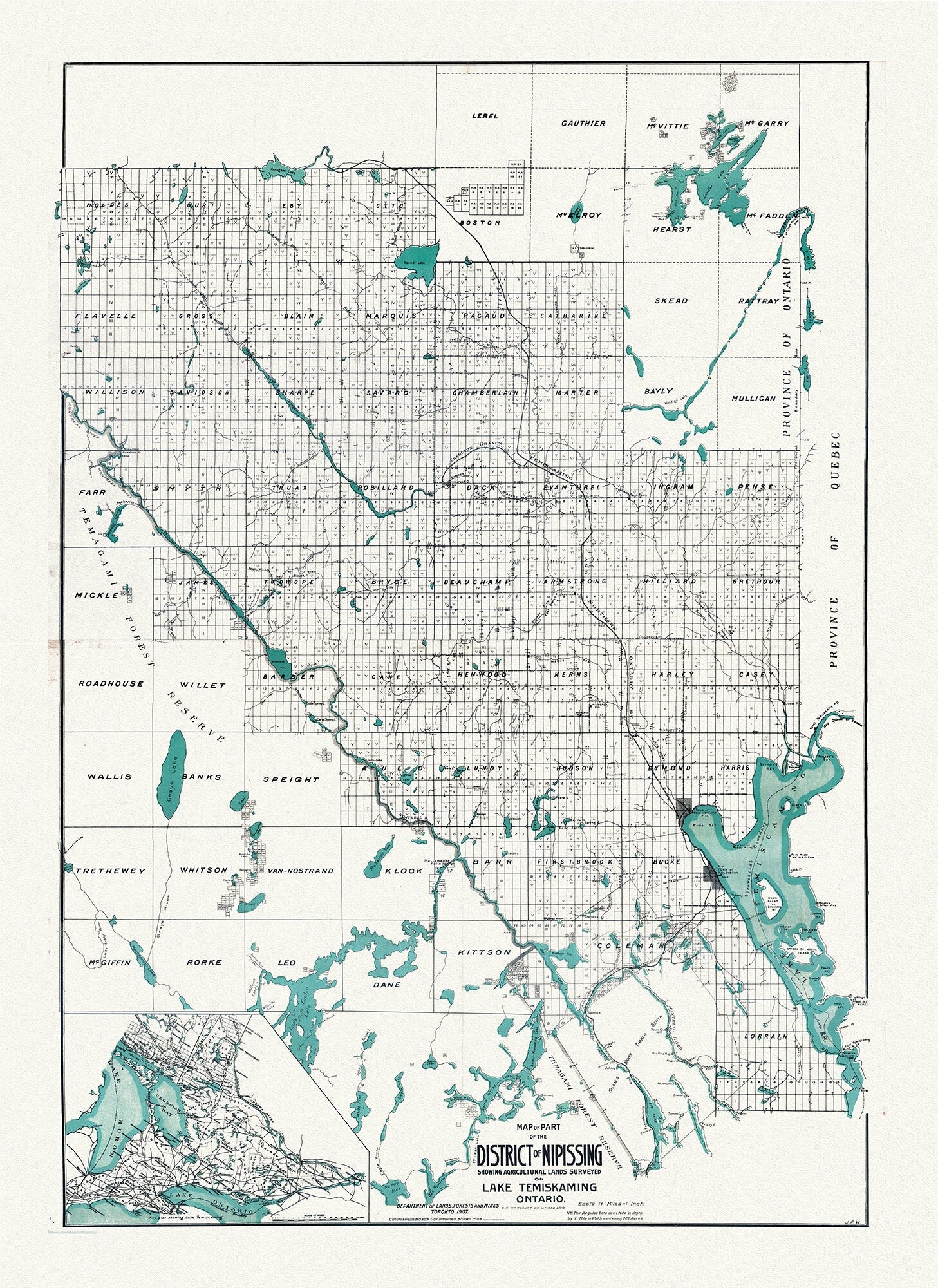 Map of part of the District of Nipissing showing Agricultural lands on Lake Temiskaming Ontario, 1907, map on canvas, 20 x 25" approx. - The Map Chest