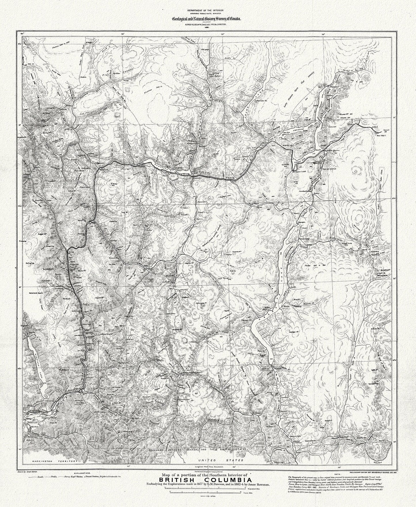 Map of portion of Southern Interior of British Columbia ,the explorations in 1877, Dawson, , map on heavy cotton canvas, 20 x 25" approx. - The Map Chest