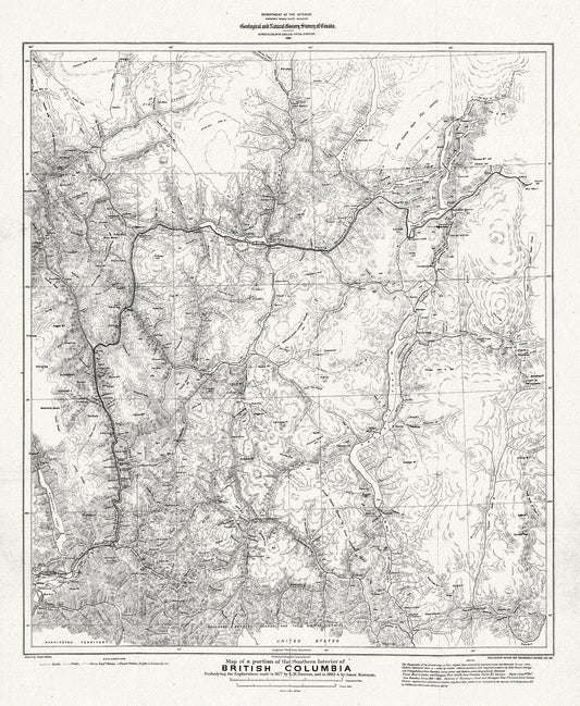 Map of portion of Southern Interior of British Columbia ,the explorations in 1877, Dawson, , map on heavy cotton canvas, 20 x 25" approx. - The Map Chest
