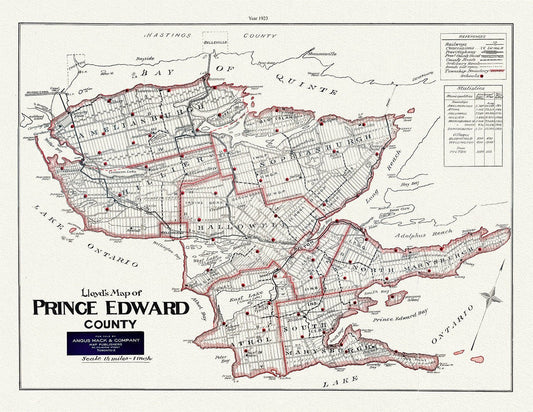 Map of Prince Edward County, Ontario, 1923, map on heavy cotton canvas, 45 x 65 cm, 18 x 24" approx. - The Map Chest