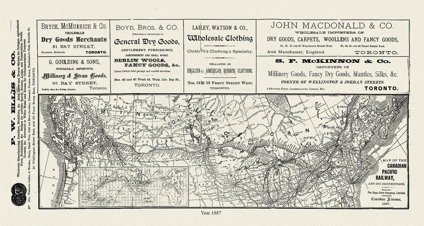 Map of the Canadian Pacific Railway, and its connections, 1887 , map on heavy cotton canvas, 50 x 70cm, 20 x 25" approx. - The Map Chest
