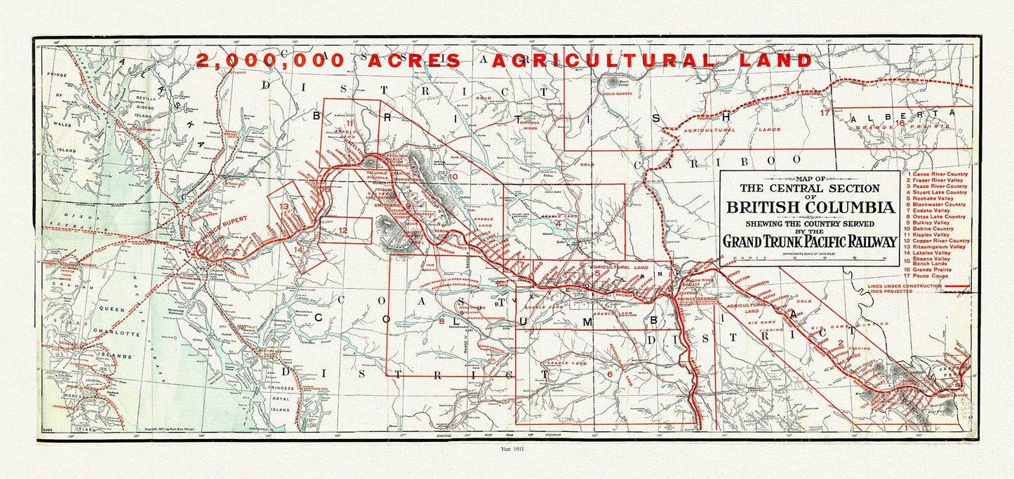 Map of the central section of British Columbia shewing the county served by the Grand Trunk Pacific Railway, 1911, 20 x 25" approx. - The Map Chest