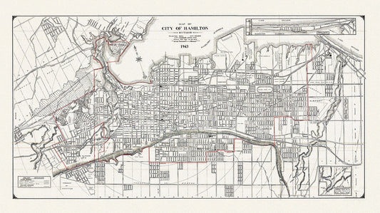 Map of the City of Hamilton, Ontario, 1943, on heavy cotton canvas, 22x27" approx. - The Map Chest