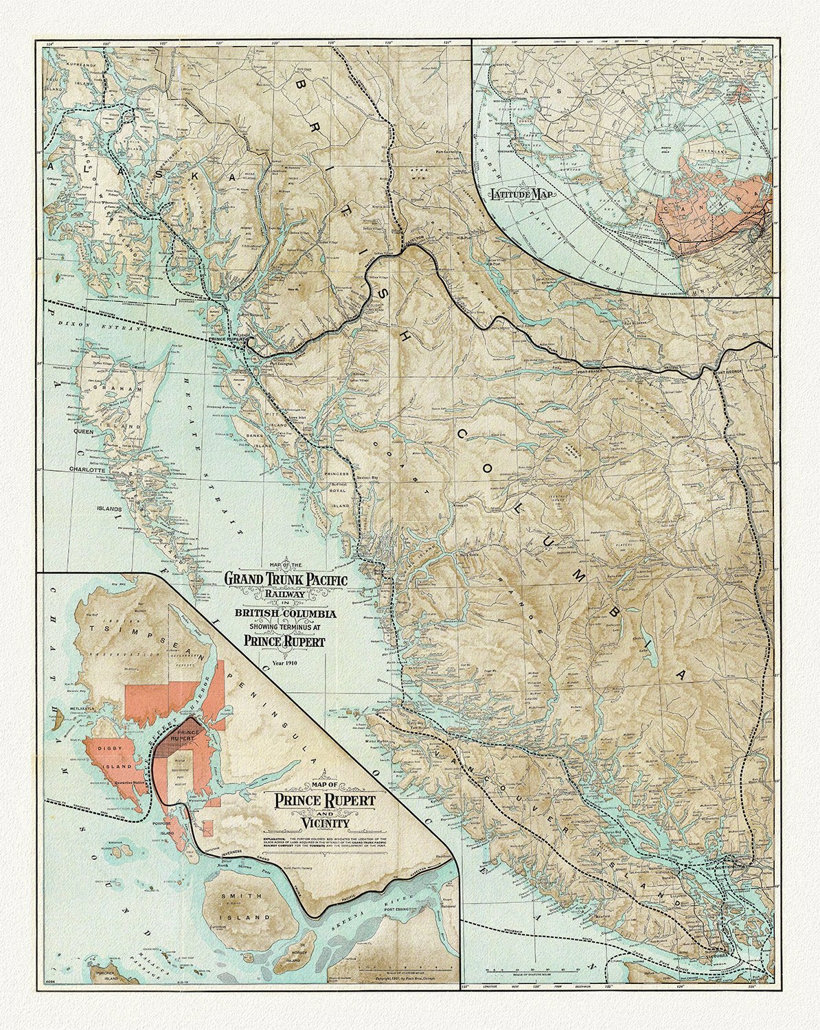 Map Of The Grand Trunk Pacific Railway In British Columbia, 1910, map on heavy cotton canvas, 20 x 30" or 50 x 75cm. approx. - The Map Chest