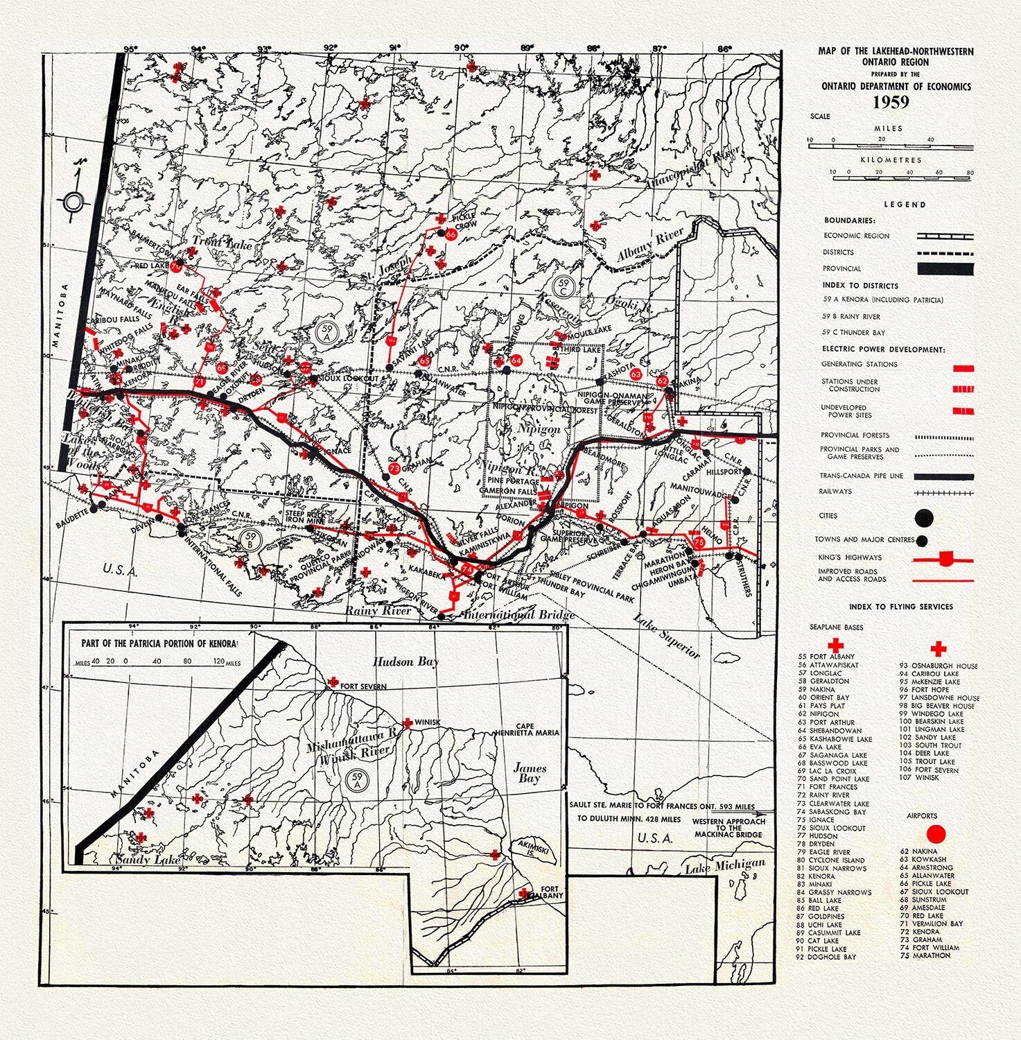 Map of the Lakehead, Northwestern Ontario Region, 1959, map on heavy cotton canvas, 50 x 70cm, 20 x 25" approx. - The Map Chest