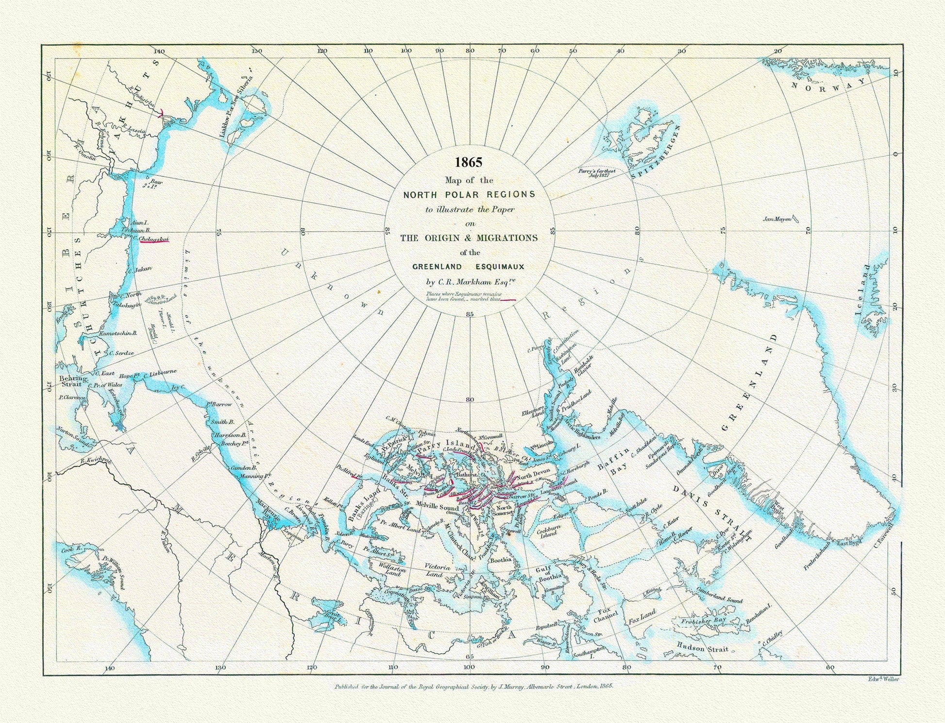 Map of the north polar regions to illustrate the origin & migrations of the Greenland Esquimaux, 1865 ,on heavy cotton canvas, 22x27" - The Map Chest