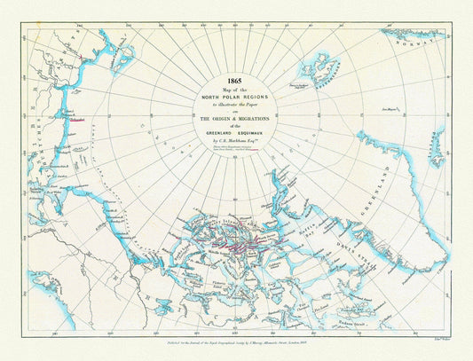 Map of the north polar regions to illustrate the origin & migrations of the Greenland Esquimaux, 1865 ,on heavy cotton canvas, 22x27" - The Map Chest