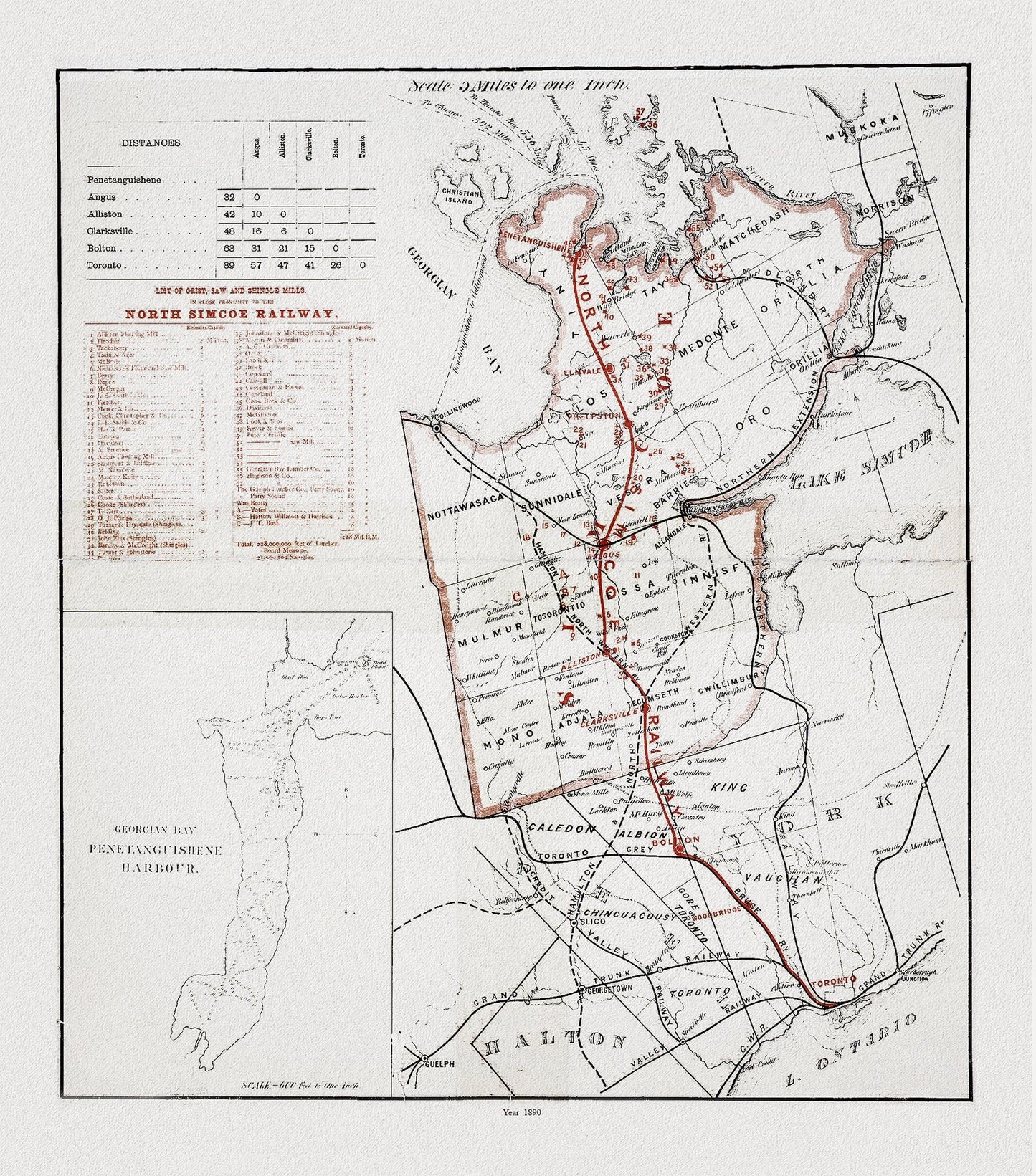 Map of the North Simcoe Railway, Ontario, 1890, map on durable cotton canvas, 50 x 70 cm or 20x25" approx. - The Map Chest