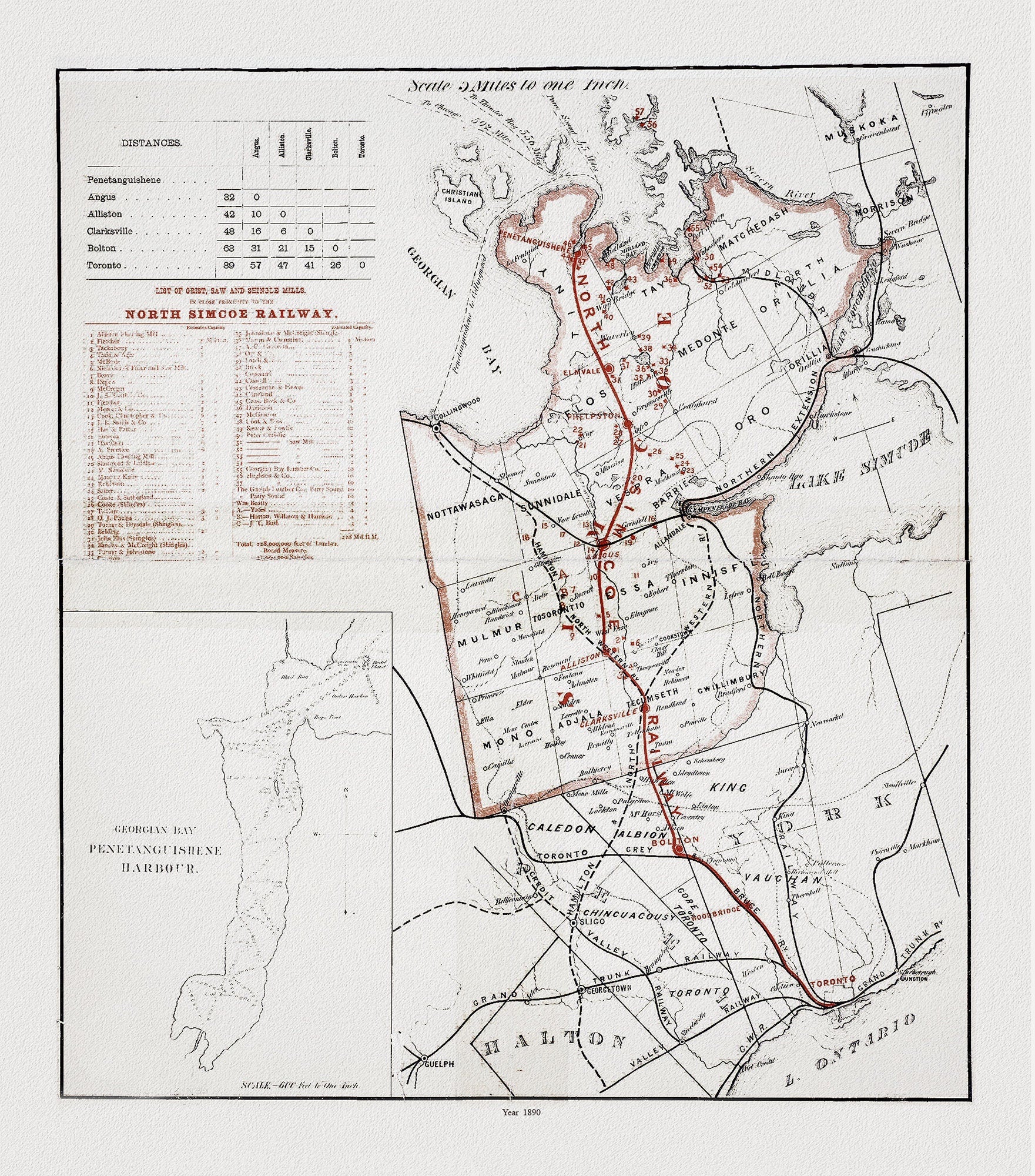 Map of the North Simcoe Railway, Ontario, 1890, map on durable cotton canvas, 50 x 70 cm or 20x25" approx. - The Map Chest
