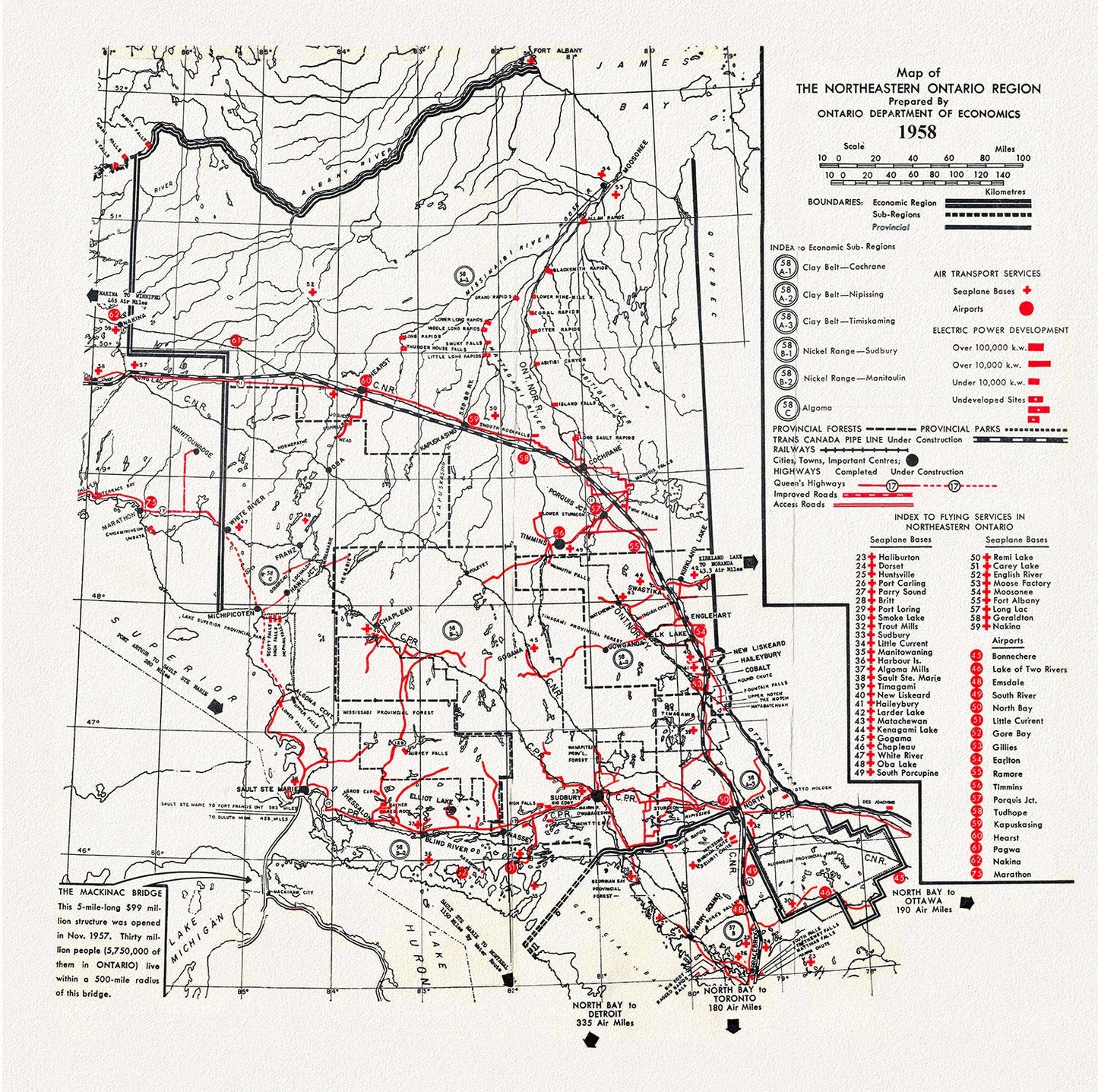 Map of the Northeastern Ontario Region, 1958, map on heavy cotton canvas, 50 x 70cm, 20 x 25" approx. - The Map Chest