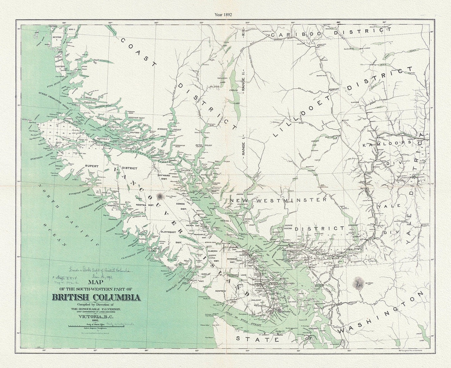 Map of the south - western part of British Columbia, Vernon, 1892, map on durable cotton canvas, 50 x 70 cm, 20 x 25" approx. - The Map Chest