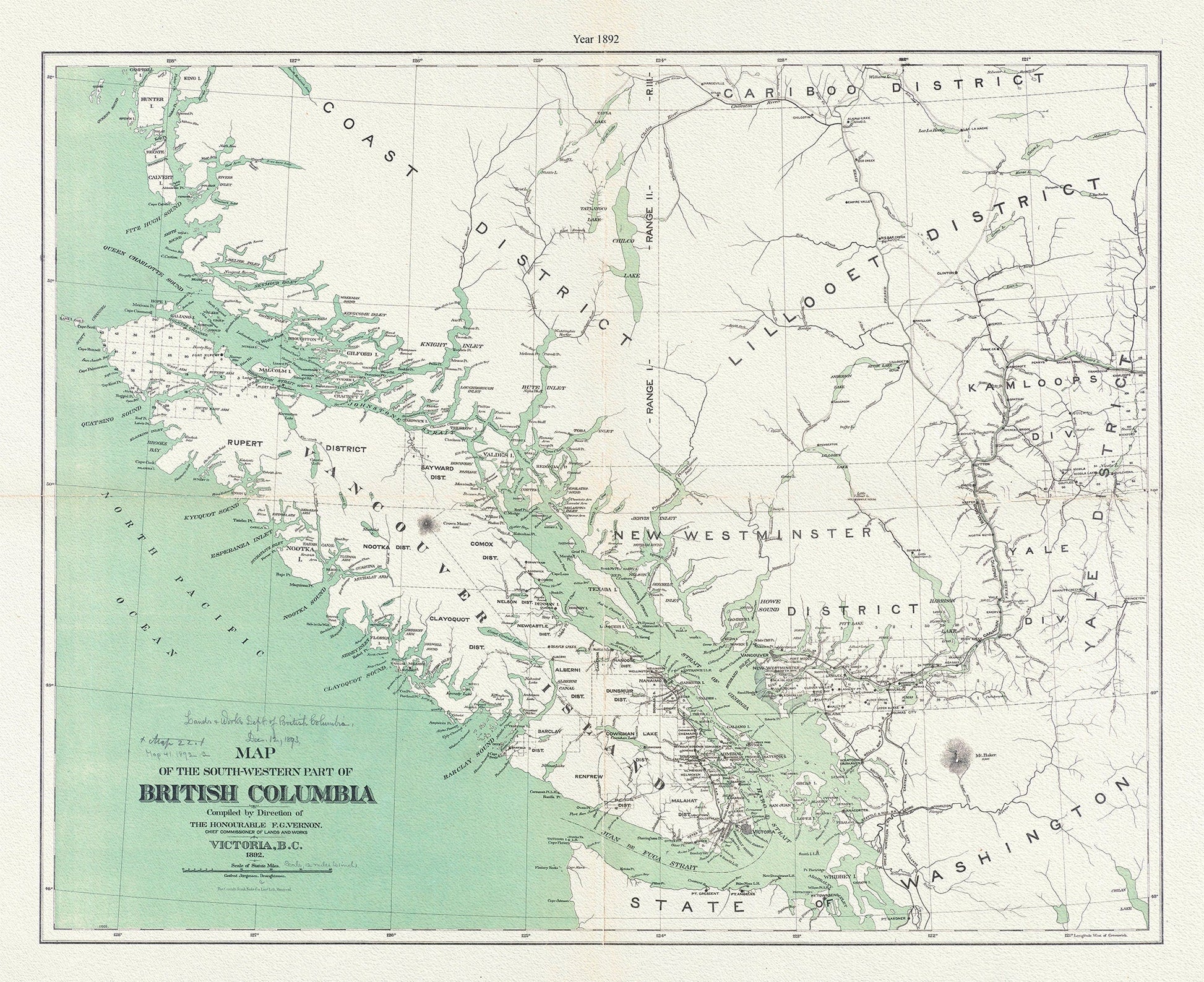 Map of the south - western part of British Columbia, Vernon, 1892, map on durable cotton canvas, 50 x 70 cm, 20 x 25" approx. - The Map Chest