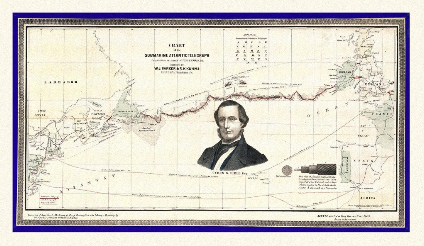 Map of The Submarine Atlantic Telegraph, on heavy canvas, 22x27" approx. - The Map Chest