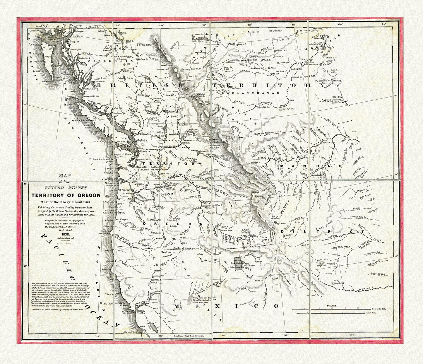 Map of the United States, Territory of Oregon, west of the Rocky Mountains, connected with fur trade, 1838, canvas map 20x25" - The Map Chest