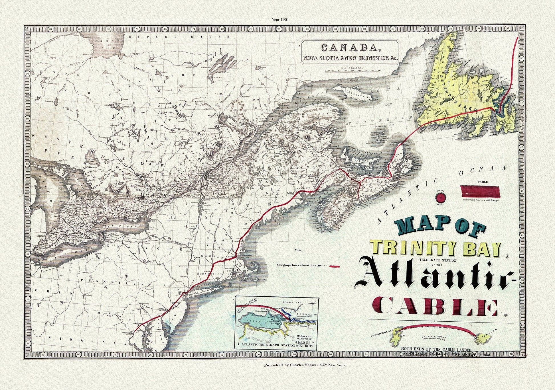 Map of Trinity Bay, Telegraph Station of the Atlantic Cable, 1901, on heavy canvas, 22x27" approx. - The Map Chest