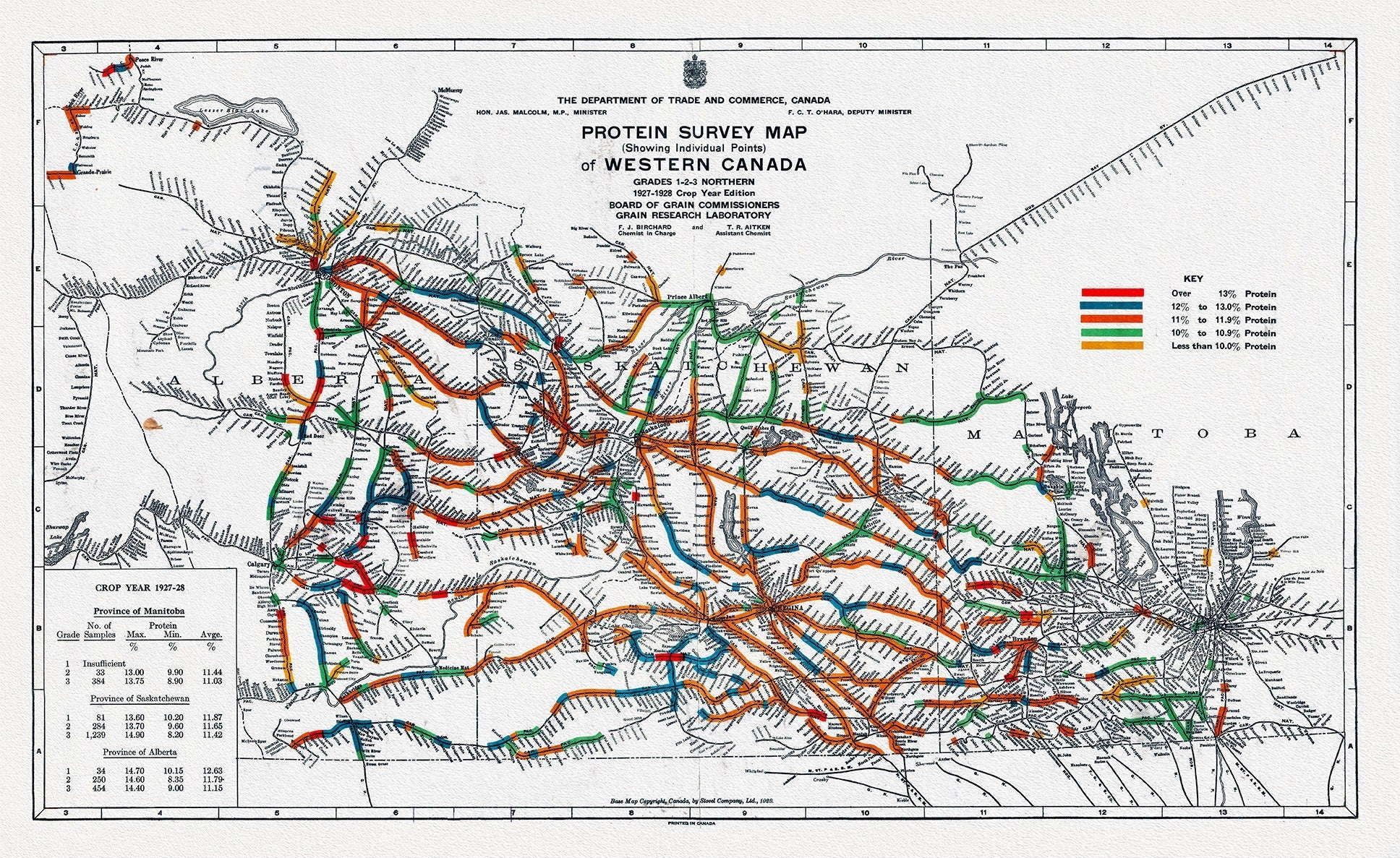 Map of Western Canada showing the protein content of red spring wheat, 1928, map on heavy cotton canvas, 22x27" approx. - The Map Chest