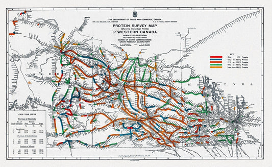 Map of Western Canada showing the protein content of red spring wheat, 1928, map on heavy cotton canvas, 22x27" approx. - The Map Chest