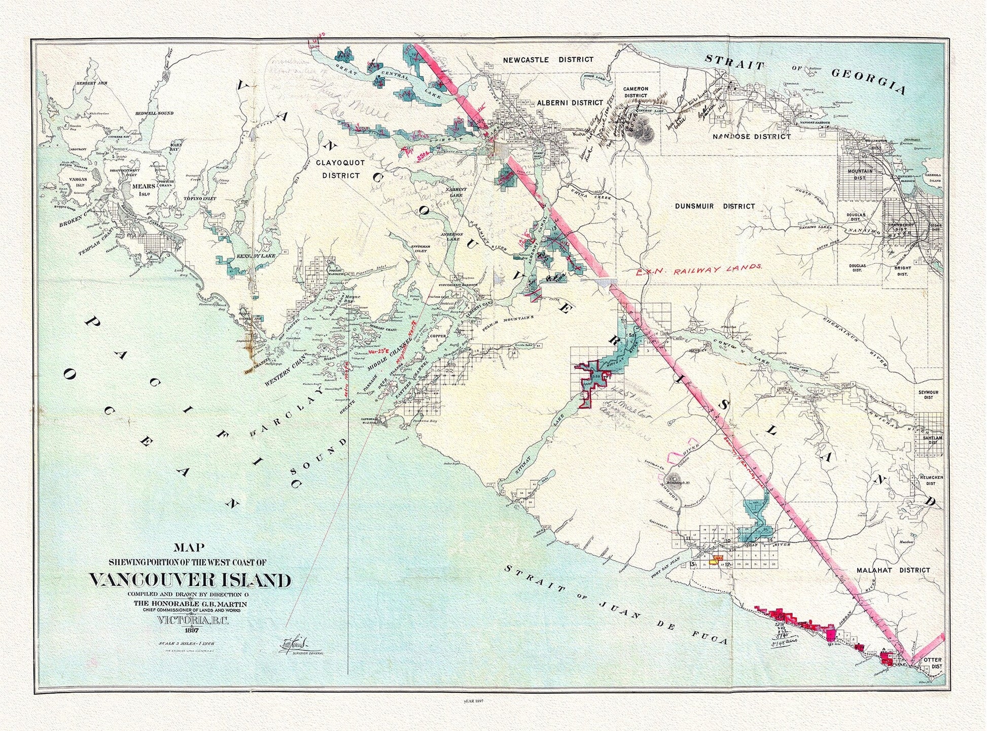 Map shewing portion of the west coast of Vancouver Island, G. B. Martin ,auth., 1897 , map on heavy cotton canvas, 20 x 25" approx. - The Map Chest
