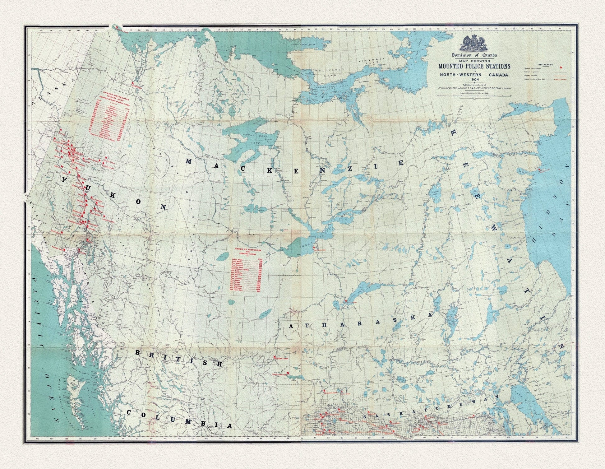 Map showing Mounted Police stations in North - Western Canada, 1904, map on heavy cotton canvas, 22x27" approx. - The Map Chest