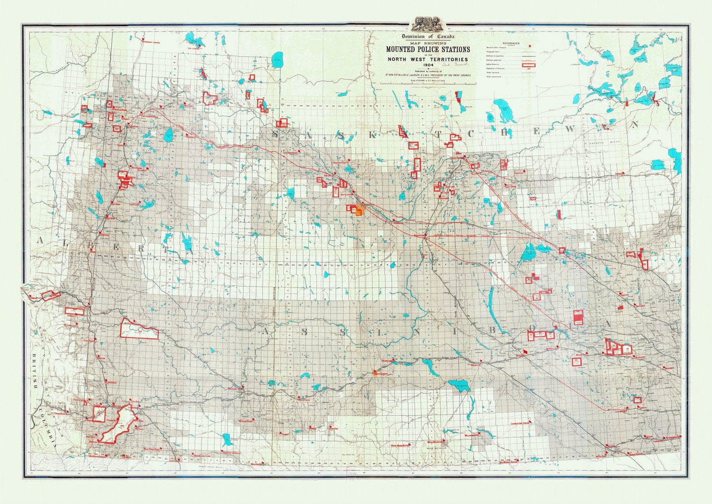 Map showing mounted police stations in the North West Territories, 1904, map on heavy cotton canvas, 22x27" approx. - The Map Chest
