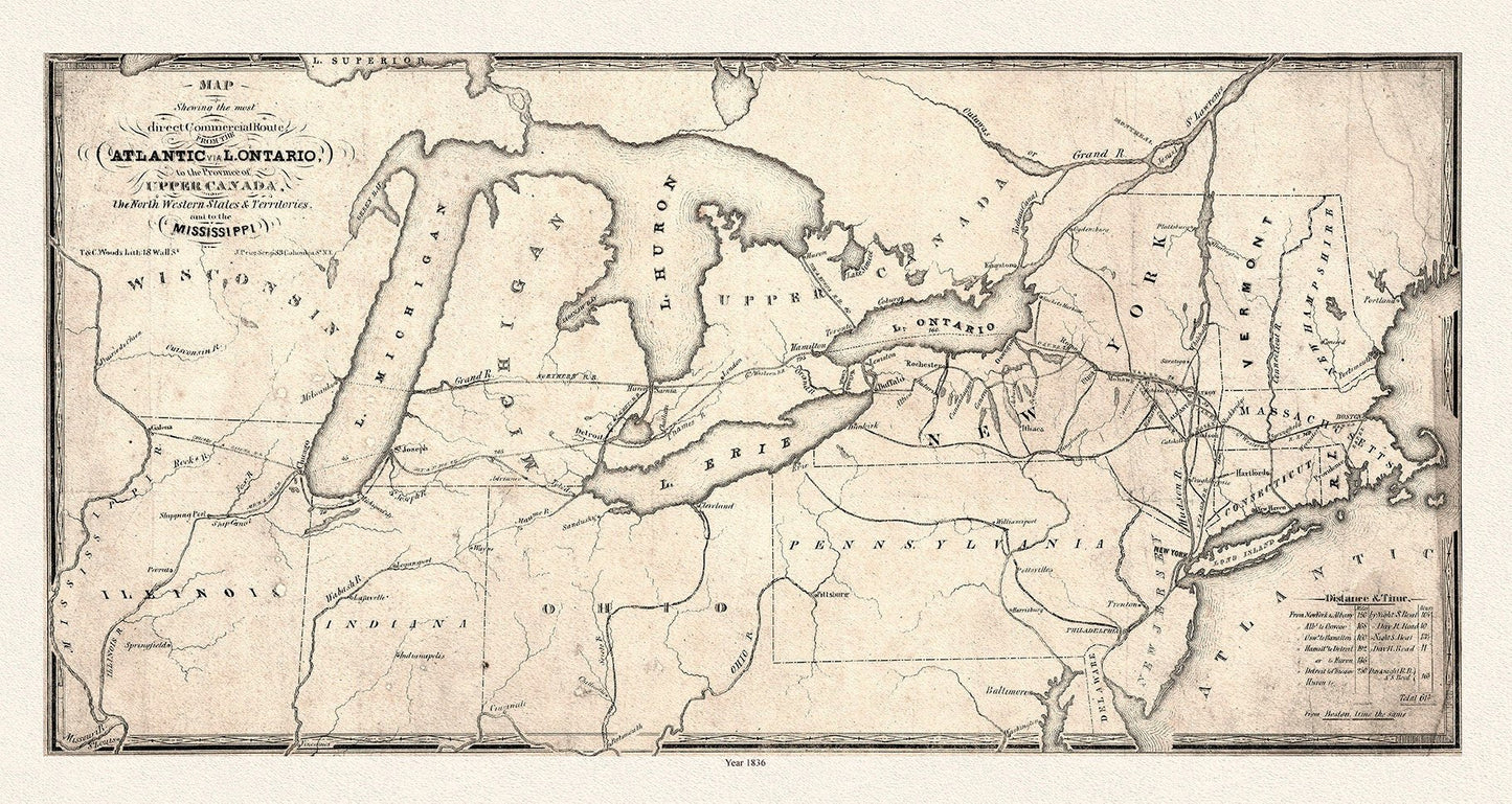 Map showing the most direct commercial route from the Atlantic, 1836 Ver. II, Price auth., on canvas, 50 x 70 cm, 20 x 25" approx. - The Map Chest