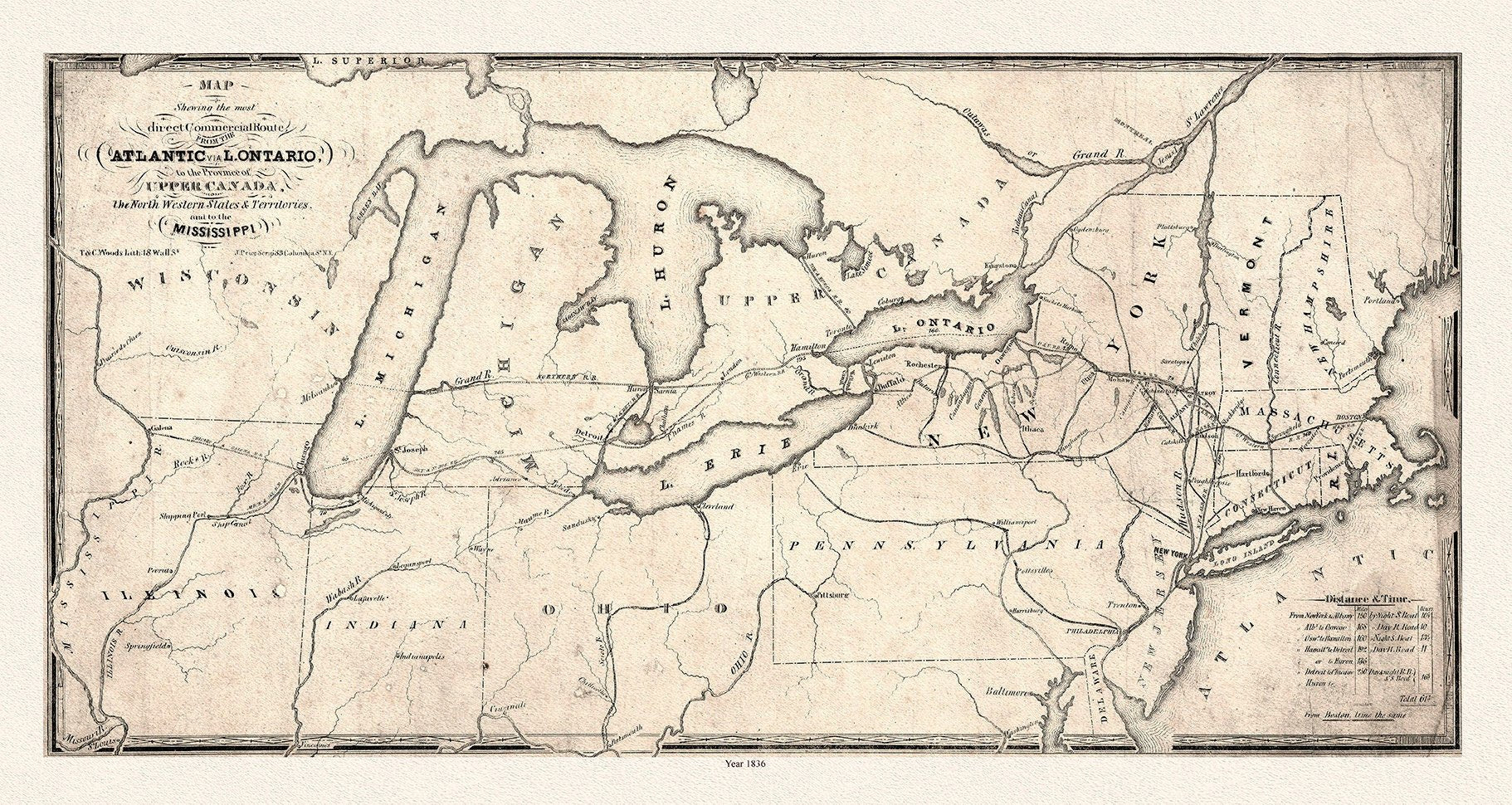 Map showing the most direct commercial route from the Atlantic, 1836 Ver. II, Price auth., on canvas, 50 x 70 cm, 20 x 25" approx. - The Map Chest