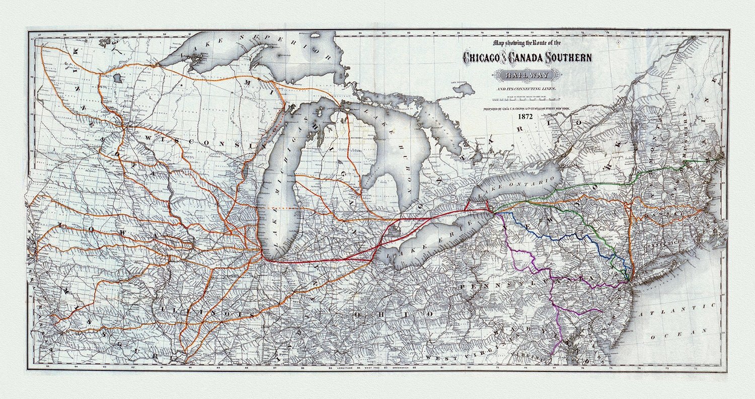 Map showing the route of the Chicago and Canada Southern Railway and its connecting lines, Colton auth., 1872 on canvas, 20 x 25" approx - The Map Chest