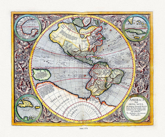 Mercator, Atlas Cosmographicae, Americae Nova Tabula, 1574 ,Map on heavy cotton canvas, 22x27in. approx. - The Map Chest