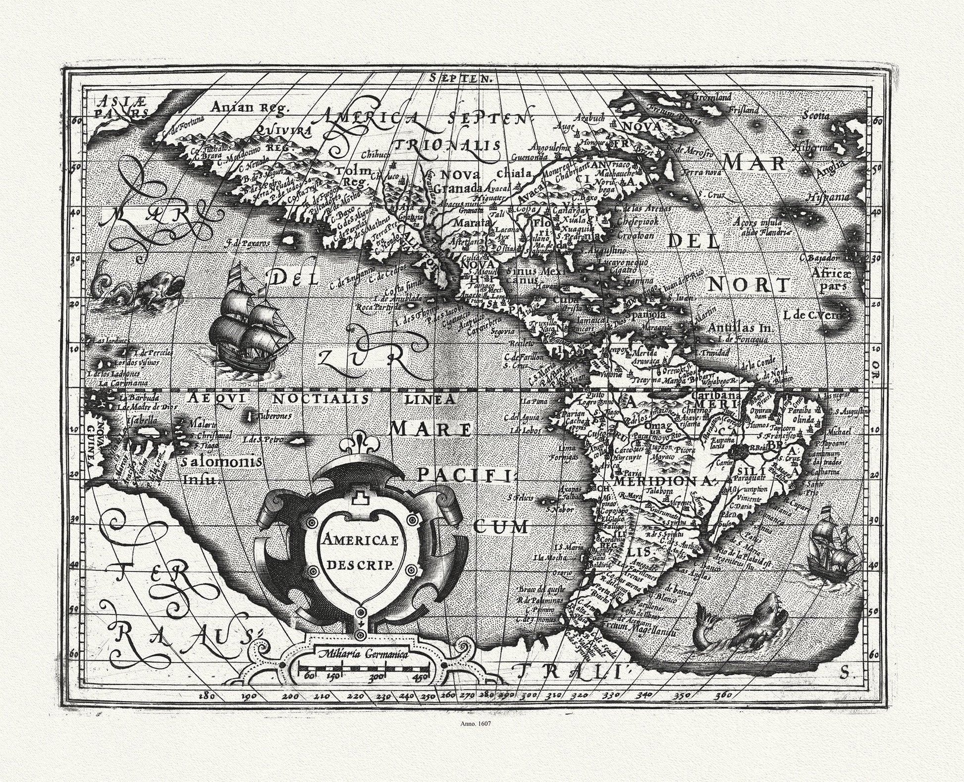 Mercator et Hondius, Americae descrip., 1607, map on heavy cotton canvas, 22x27" approx. - The Map Chest