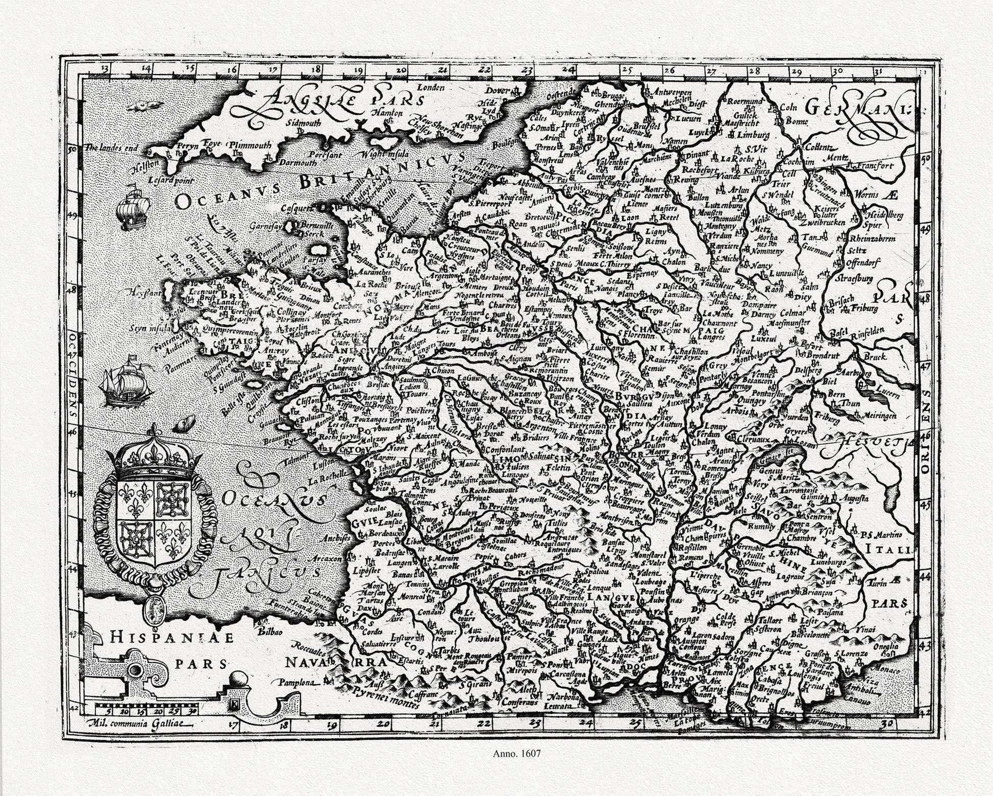 Mercator et Hondius, Gallia, 1607 ,une carte sur toile de coton épais, 56x70cm environ - The Map Chest