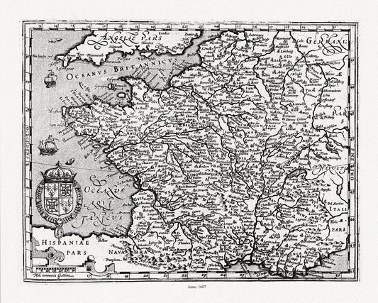 Mercator et Hondius, Gallia, 1607 ,une carte sur toile de coton épais, 56x70cm environ - The Map Chest
