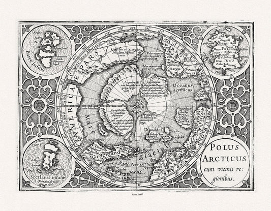 Mercator et Hondius, Polus Arcticus cum vicinis regionibus, 1607, Map printed on to heavy cotton canvas, 22x27in. approx. - The Map Chest