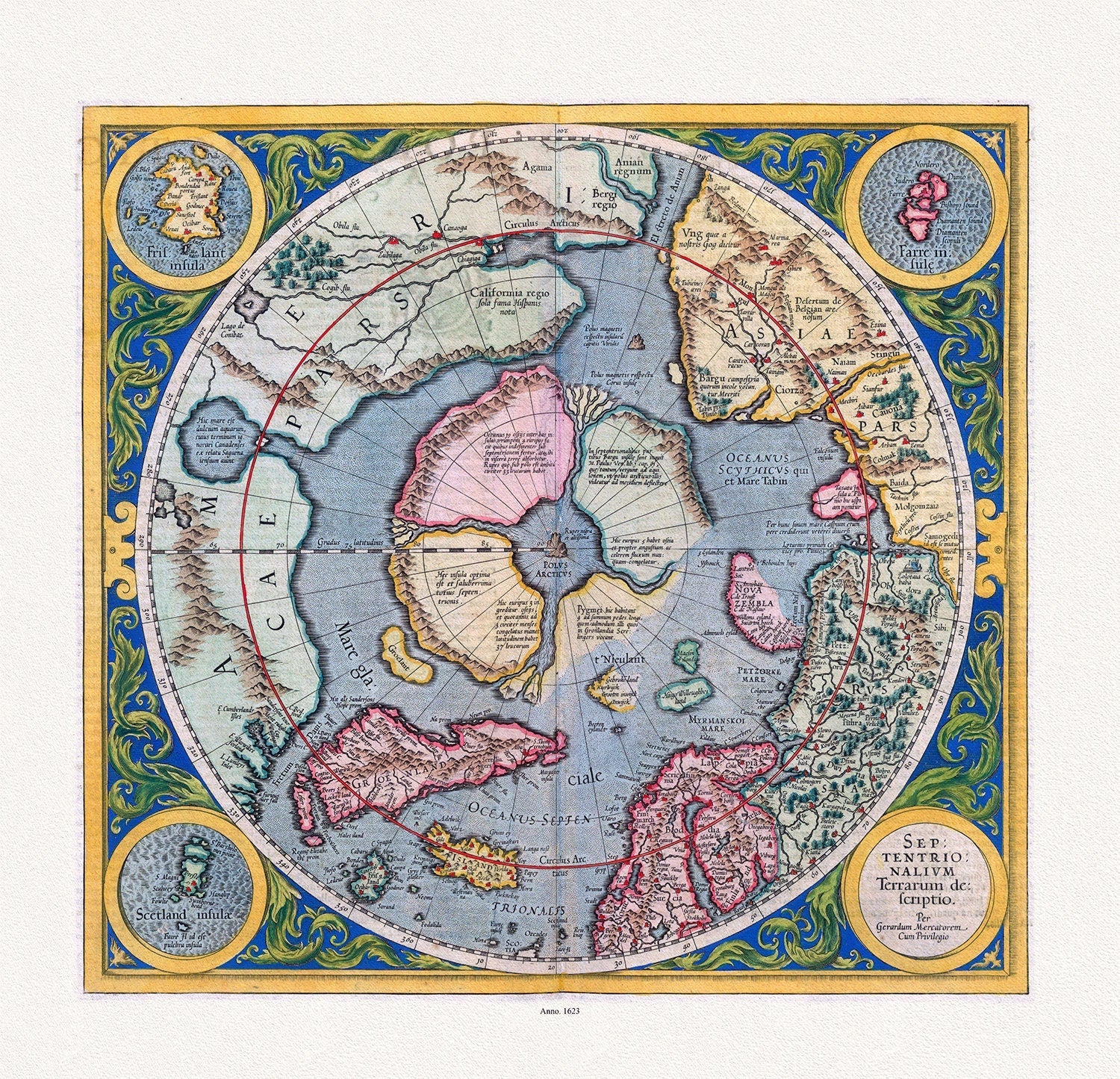 Mercator et Hondius, Septentrionalium Terrarum descriptio. Per Gerardum Mercatorem Cum Privilegio, 1623, on heavy cotton canvas, 22x27in. - The Map Chest