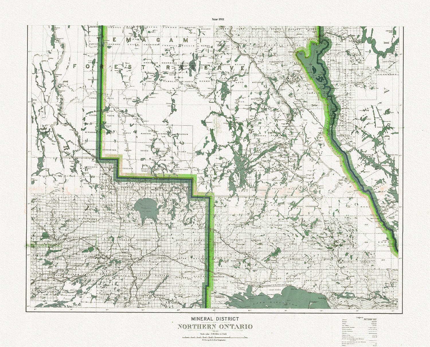 Mineral district, Northern Ontario, South Sheet, 1911, map on heavy cotton canvas, 50 x 70cm, 20 x 25" approx. - The Map Chest