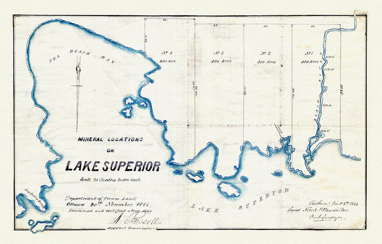 Mineral Locations on Lake Superior, 1864 , map on heavy cotton canvas, 50 x 70 cm, 20 x 25" approx. - The Map Chest