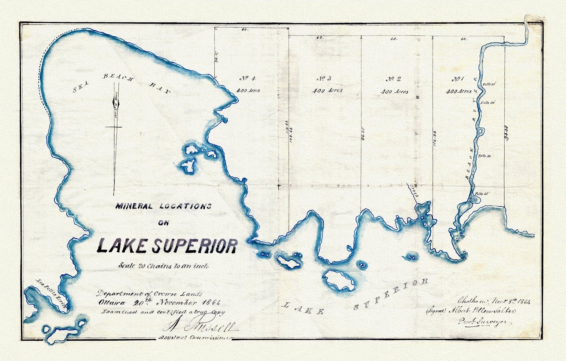 Mineral Locations on Lake Superior, 1864 , map on heavy cotton canvas, 50 x 70 cm, 20 x 25" approx. - The Map Chest