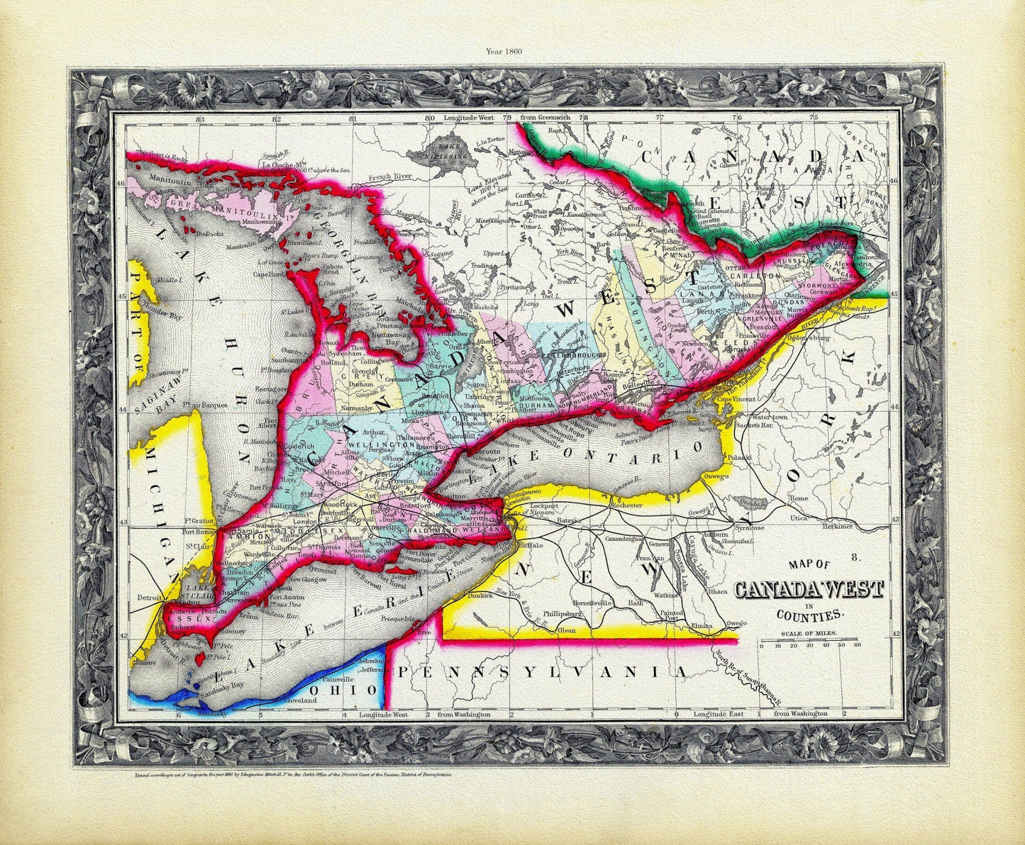 Mitchell, Map Of Canada West In Counties, 1860, map on heavy cotton canvas, 22x27" approx. - The Map Chest