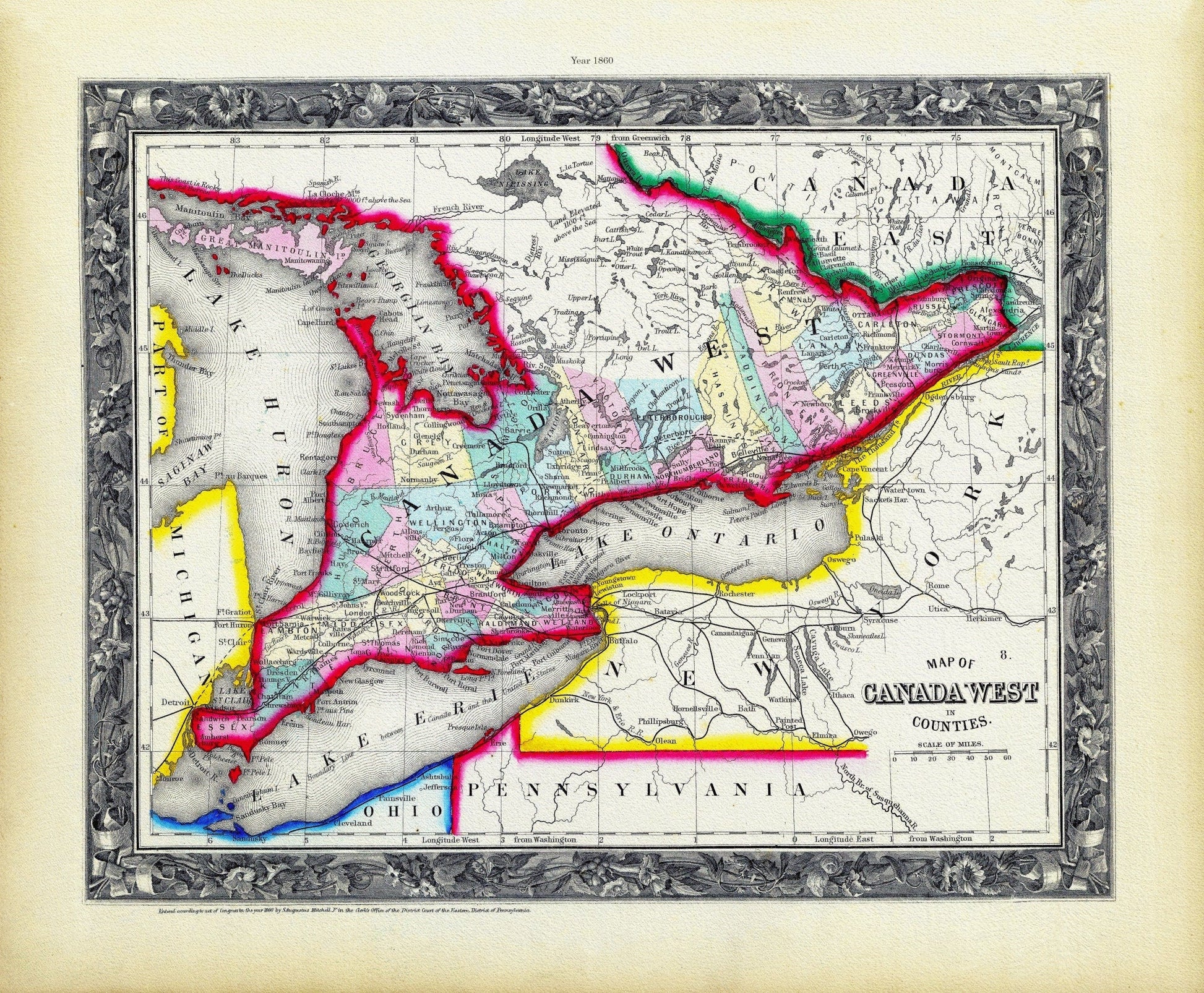 Mitchell, Map Of Canada West In Counties, 1860, map on heavy cotton canvas, 22x27" approx. - The Map Chest
