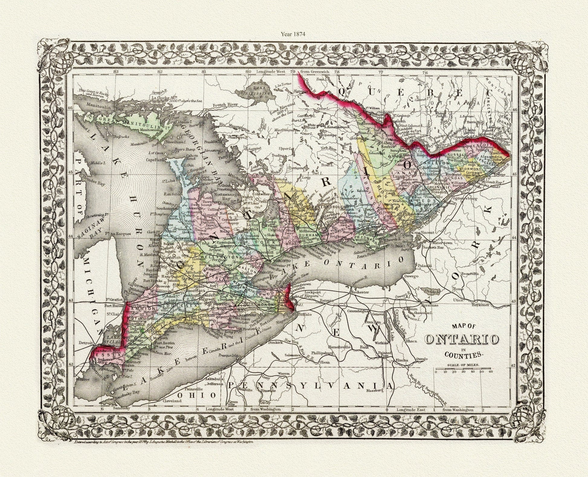 Mitchell, Map of Ontario in Counties, 1874, map on heavy cotton canvas, 22x27" approx. - The Map Chest