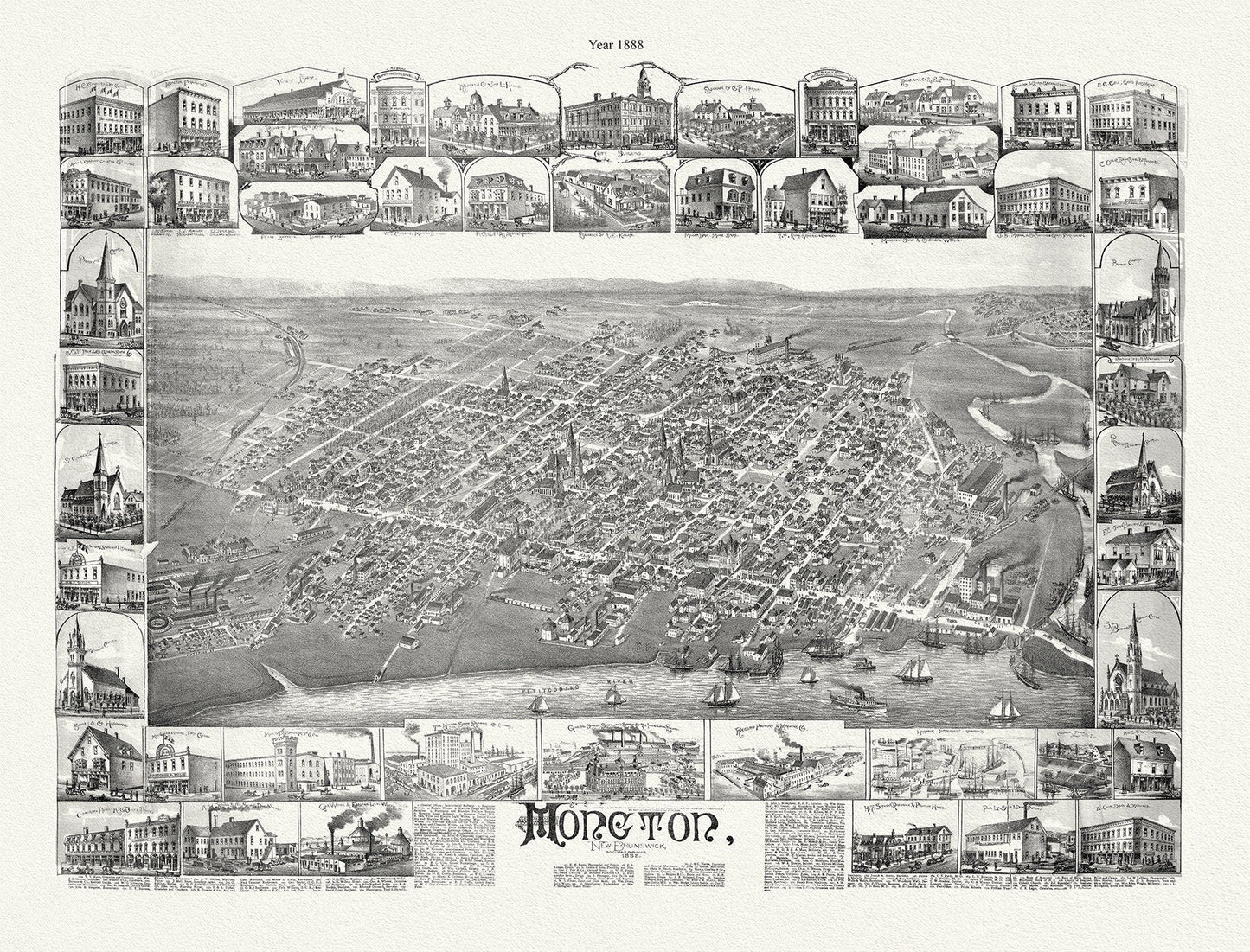 Moncton, New Brunswick, A Birds's Eye View, 1888, map on durable cotton canvas, 50 x 70 cm, 20 x 25" approx. - The Map Chest