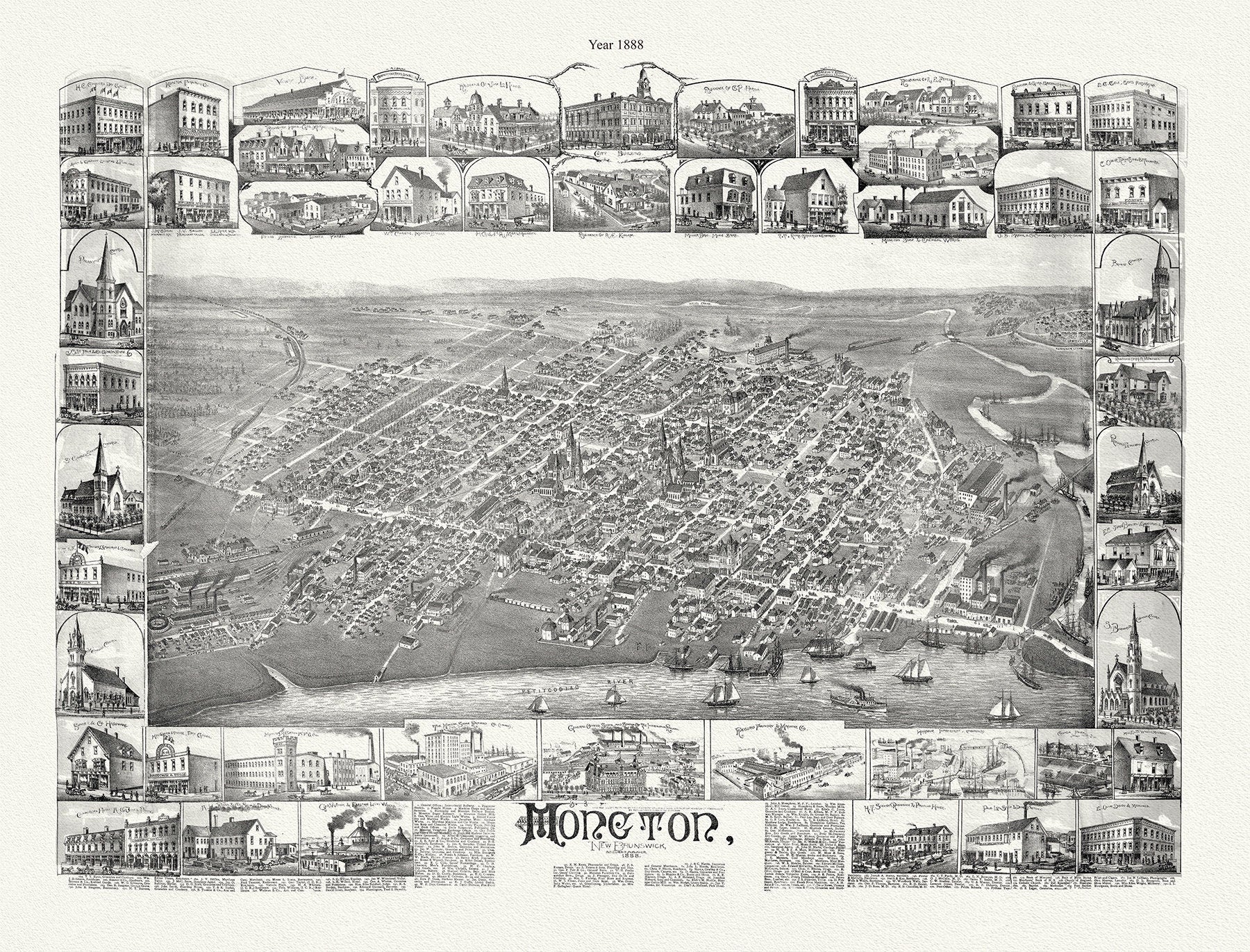 Moncton, New Brunswick, A Birds's Eye View, 1888, map on durable cotton canvas, 50 x 70 cm, 20 x 25" approx. - The Map Chest