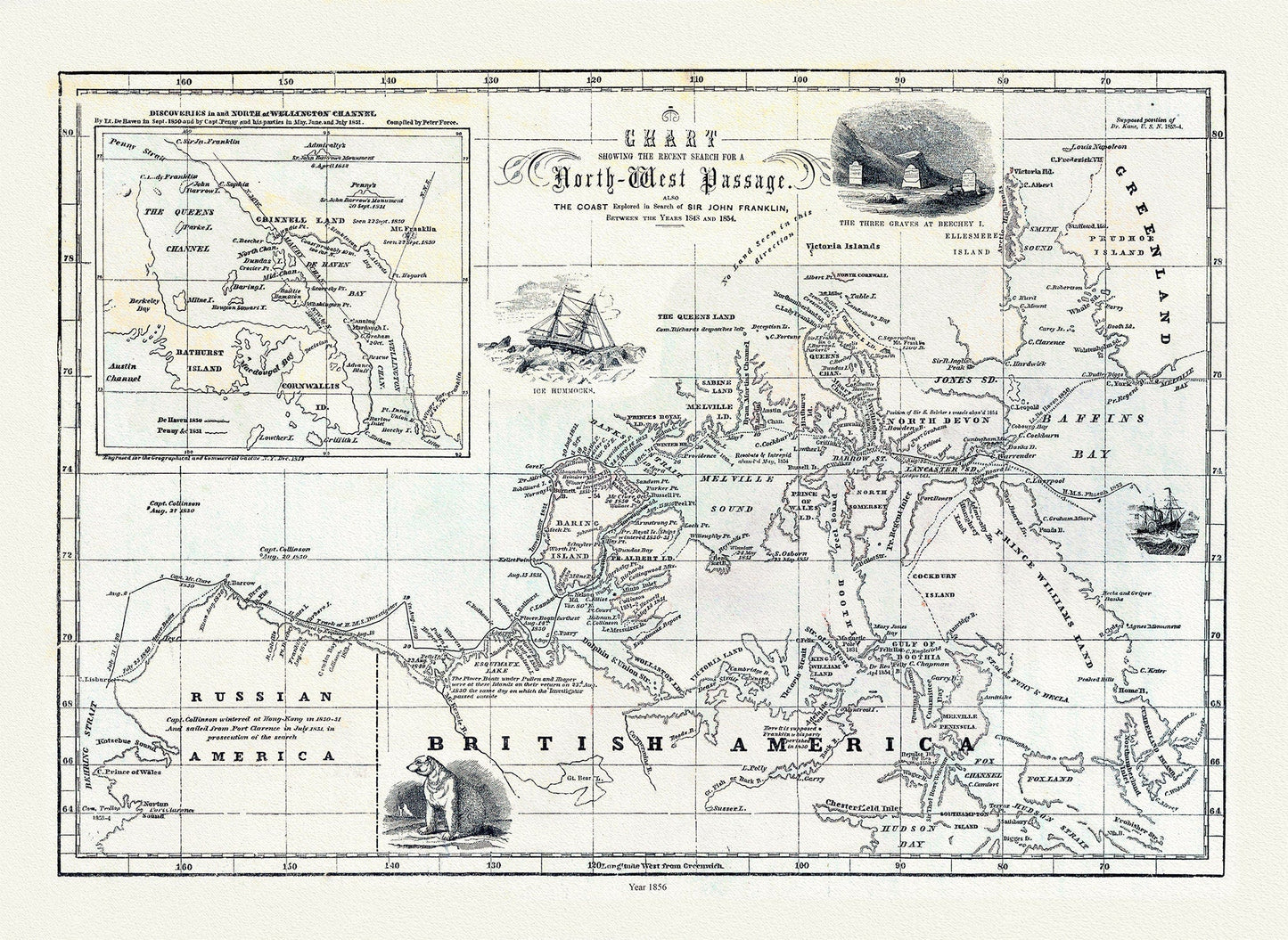 Morse et Colby, Chart Showing the Recent Search for the North - West Passage, 1856 , map on heavy cotton canvas, 22x27" approx. - The Map Chest