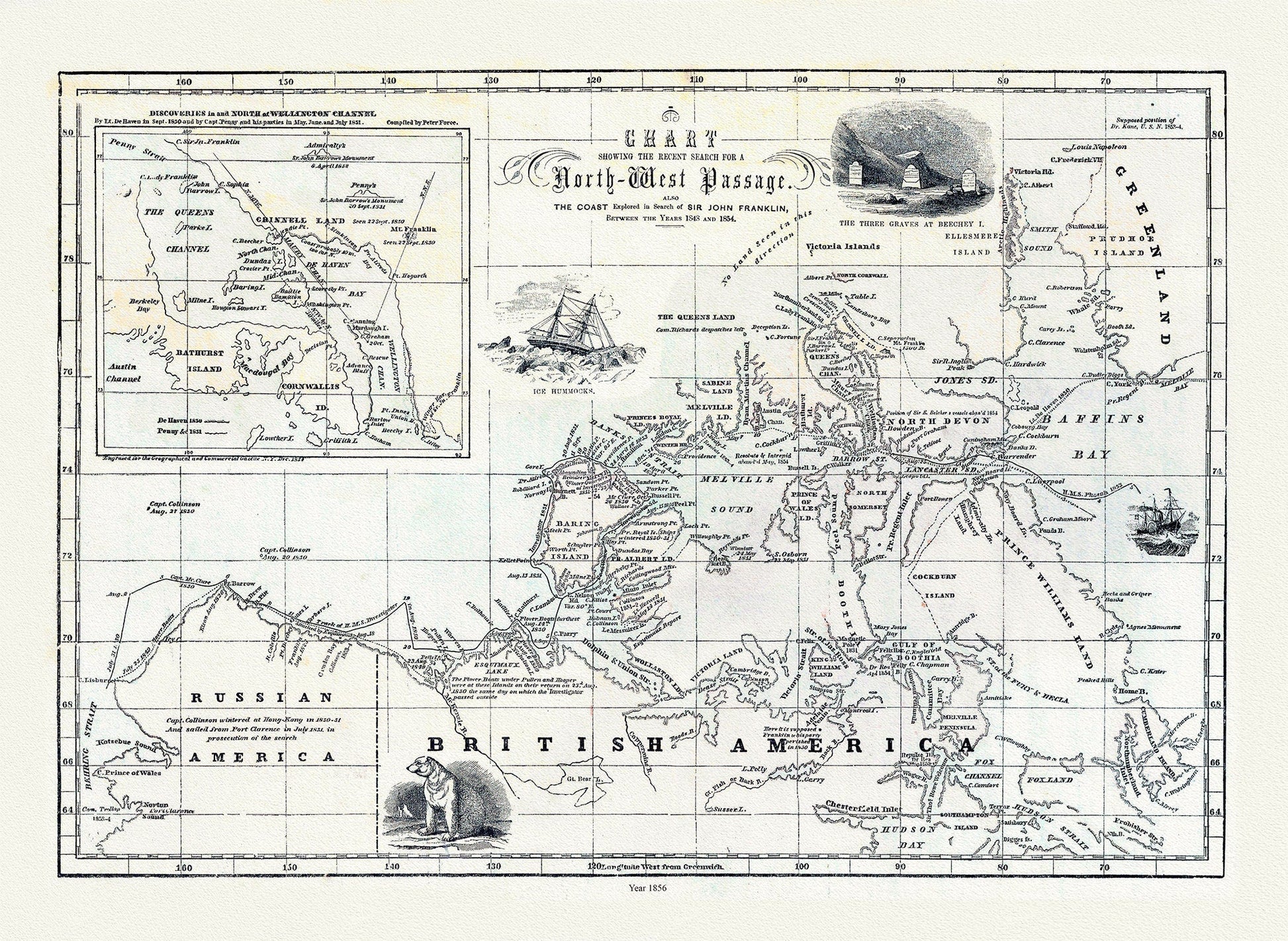 Morse et Colby, Chart Showing the Recent Search for the North - West Passage, 1856 , map on heavy cotton canvas, 22x27" approx. - The Map Chest